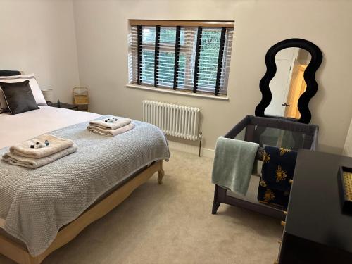 a bedroom with a bed and a mirror and a chair at Close to QA hospital, Portsmouth Naval Cottage with incredible views in Portsmouth
