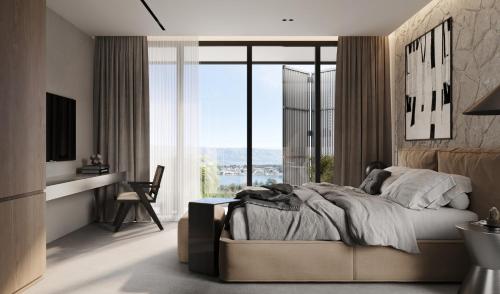 a bedroom with a large bed and a large window at Villa White Lotus in Selca
