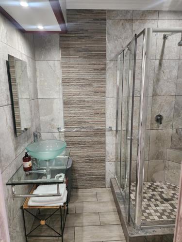 a bathroom with a sink and a shower at Green Haven Guest Lodge in Pretoria
