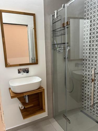 a bathroom with a sink and a shower at In the nature in Vroutek