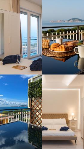 a collage of photos of a bedroom with a view of the ocean at La Vista Formia B&B in Formia