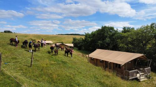 a group of people riding horses in a field at Hitton Séjours Nature in Biran