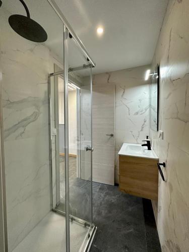 a bathroom with a glass shower and a sink at Incredible house with garden in Madrid