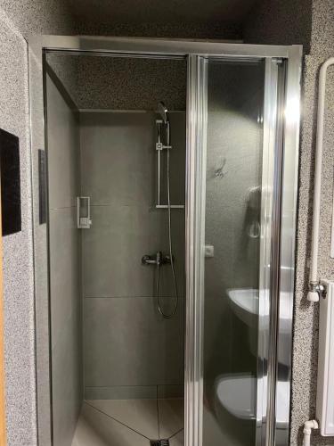 a shower with a glass door next to a sink at Apartmán DEJA VÚ - Tatranská Štrba in Štrba