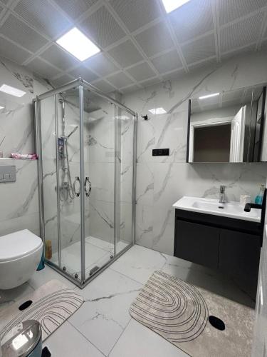 a bathroom with a shower and a toilet and a sink at No 8 Suite in Alanya