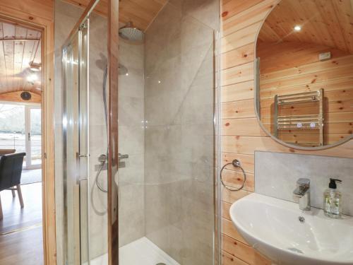 a bathroom with a shower and a sink at Park View Lodge in Derby
