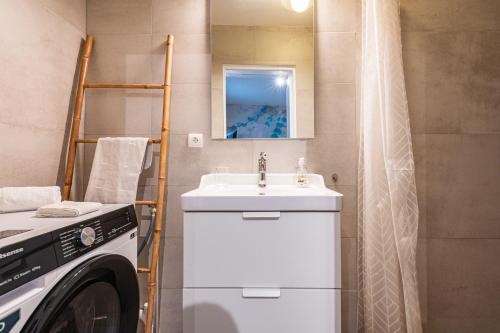 a bathroom with a washing machine and a sink at suite Tirelire, centre et paisible in Reims