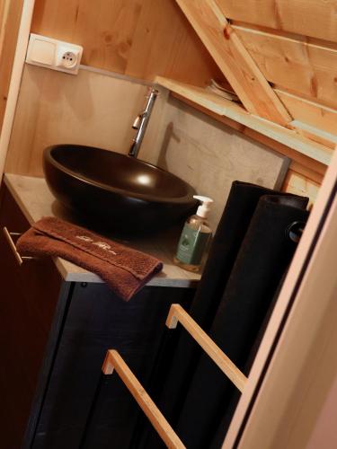 a bathroom with a sink and a bowl on a counter at Le Cocon des Cinq Sens - l'Insolite in Haute-Goulaine