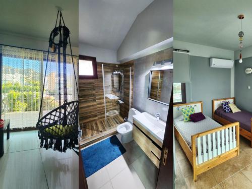 two pictures of a bathroom with a crib and a bedroom at Villa Amazing by HolidayKeys in Kyrenia