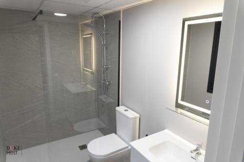 a bathroom with a shower and a toilet and a sink at Sierra de Madrid Suites in Galapagar
