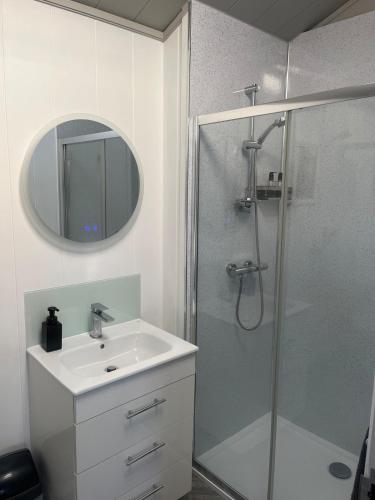 a bathroom with a shower and a sink and a mirror at The Eden, Cosy 1 bed lodge with riverside views in Crieff