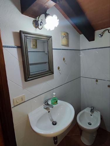 a bathroom with a sink and a mirror and a toilet at Villa Silvia in Costa Rei