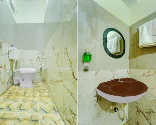 two pictures of a bathroom with a sink and a toilet at Hotel Devi Palace in Rājgīr