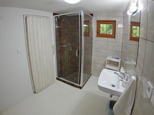 a bathroom with a shower and a sink at Chata Malino in Ružomberok
