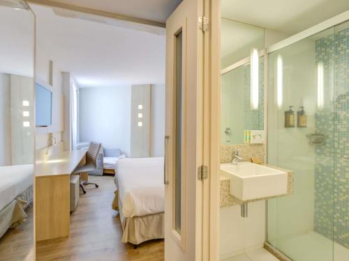 two pictures of a bathroom with a sink and a bedroom at Mercure Rio de Janeiro Barra da Tijuca in Rio de Janeiro