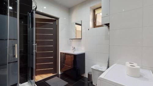 a white bathroom with a sink and a shower at Apartament Fibra Flat White in Rybnik
