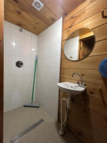 a bathroom with a sink and a mirror at Vakantiepark Zwartemeer in Zwartemeer