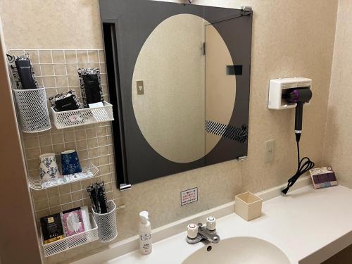 a bathroom sink with a large mirror above it at adult only ホテルシャルム in Itoigawa
