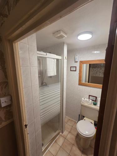 a small bathroom with a toilet and a shower at Westholme Hotel in Blackpool