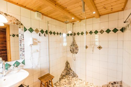 a bathroom with a shower and a sink at Haunzwickl Ferienhaus in Mürzzuschlag