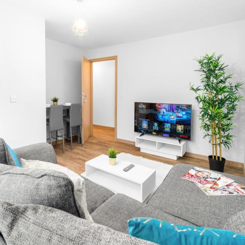 a living room with a couch and a flat screen tv at Modern 2 Bed Apartment - 2 Parking Spaces - Sleeps 3 - Netflix 1BS in Amblecote