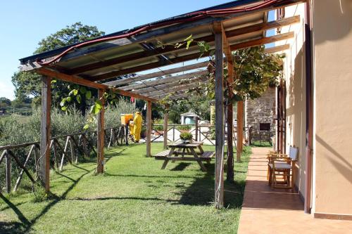 a wooden pergola with a picnic table and some vines at Agriturismo La Coccinella in Valfabbrica