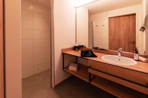 a bathroom with a sink and a mirror at BDB-Kulturhotel in Staufen im Breisgau