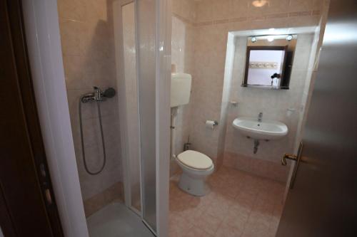 a bathroom with a shower and a toilet and a sink at Hotel Alla Noce in Limone sul Garda