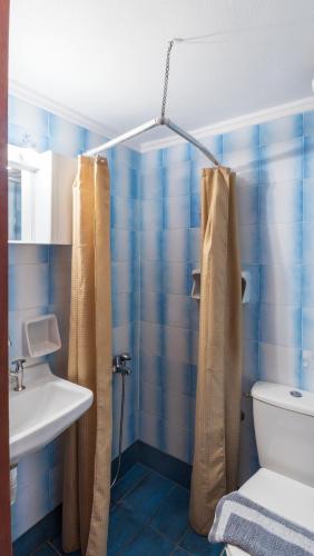 a blue bathroom with a shower and a sink at Blue Sky in Palaiochora