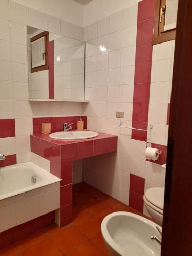 a bathroom with a sink and a toilet and a mirror at Villetta Eden Schilpario in Schilpario