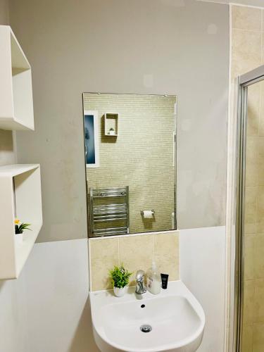 a bathroom with a sink and a mirror at Urban Blue by Wolverhampton Train Station in Wolverhampton