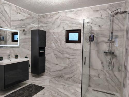 a bathroom with a shower and a sink at Casa Aida in Peşteana