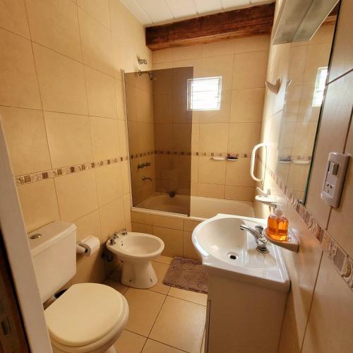 a bathroom with a toilet a sink and a tub at Palmeras del sur in Mar del Plata