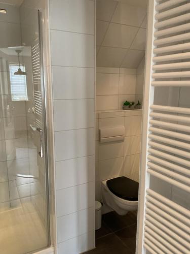 a bathroom with a toilet and a glass shower at B&B De Singel in Medemblik
