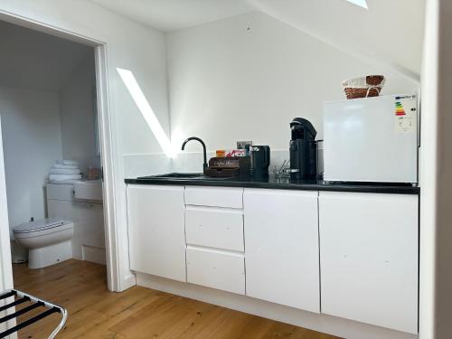 a white kitchen with a refrigerator and a toilet at The Wold - Air-Conditionned Studio Burton Latimer in Burton Latimer