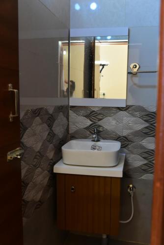 a bathroom with a sink and a mirror at Nirantara Luxury Service Apartment in Gonikoppal
