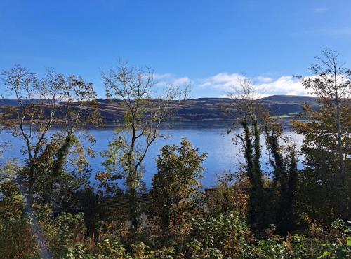a view of a river with trees in the foreground at Seascape in Kames