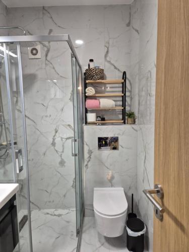 a bathroom with a shower and a toilet in it at Luna chalet Zlatibor in Zlatibor