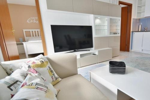 a living room with a couch and a television at Titania Whg 7 in Grömitz