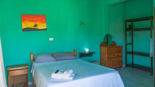 a bedroom with a bed and a green wall at Hilltop Horizon Guesthouse in San Ignacio
