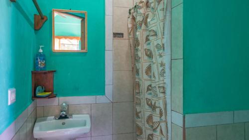 a bathroom with a sink and a shower curtain at Hilltop Horizon Guesthouse in San Ignacio