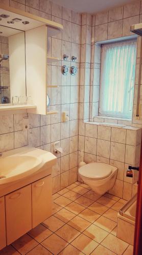 a bathroom with a toilet and a sink at Ferienwohnung Sewenig in Müden