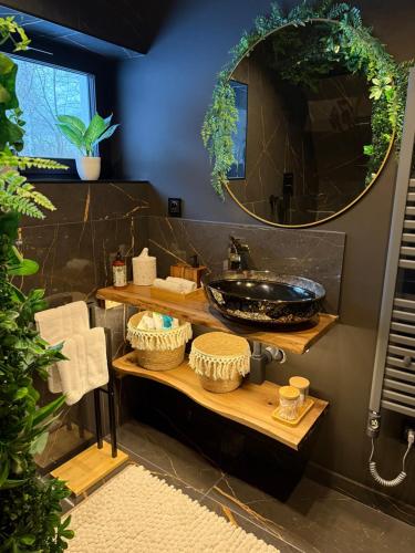 a bathroom with a sink and a mirror at Chalet Tri pramene in Moravské Lieskové