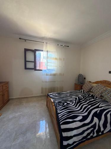 a bedroom with a zebra print bed and a window at Samadis Home 2 in Larache