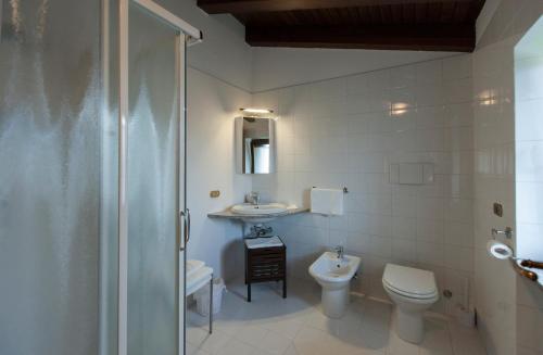 a bathroom with a toilet and a sink and a shower at Alle Robinie in Pradamano