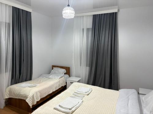a bedroom with two beds and a chandelier at sopo's cottage in Kobuleti