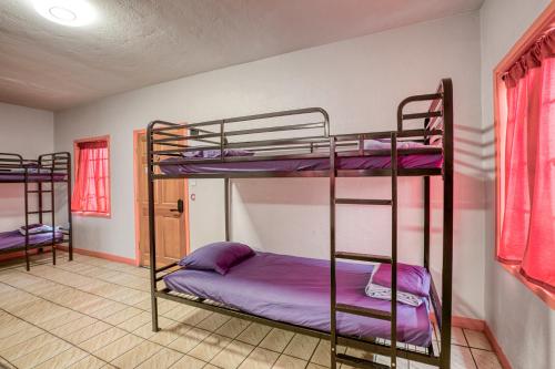 two bunk beds in a room with purple sheets at Sin City Hostel in Las Vegas