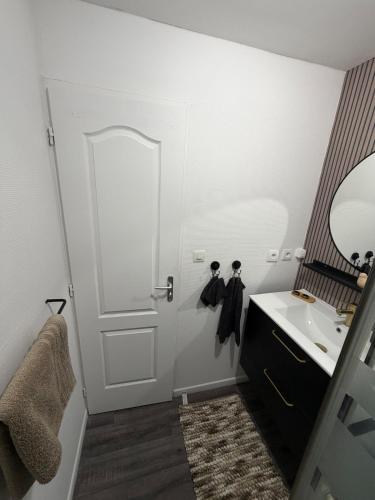 a bathroom with a white door and a sink at Petit appartement charmant in Lille