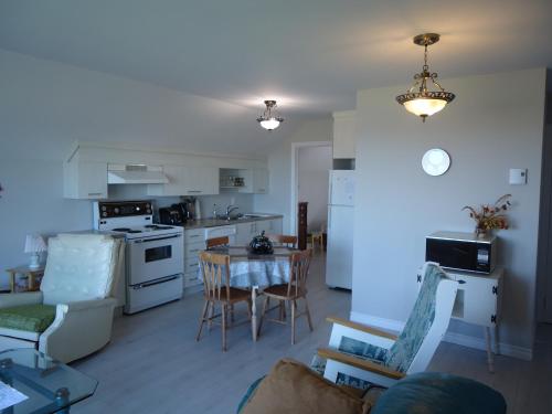 a kitchen and living room with a table and chairs at Domaine sur une plage in Saint-Félicien