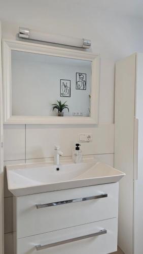 a bathroom with a white sink and a mirror at Wambacher Ferienwohnung in Schlangenbad